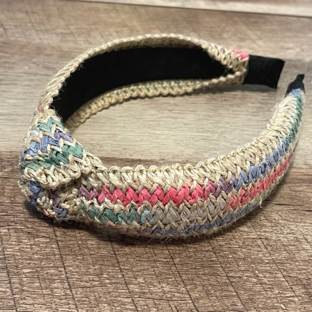 Boho Woven Headband‎ Knotted Accent Multi Color Straw Cotton Raffia Accessory